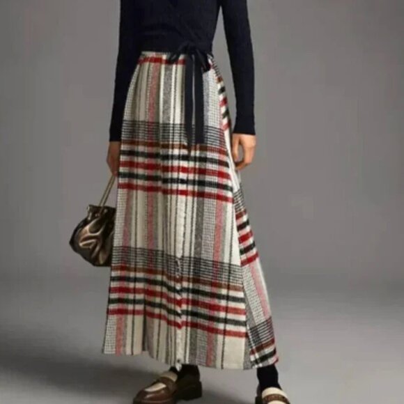 NWT Mare Mare x Anthropologie | Plaid Blanket Skirt Cream Black Red | Size Small - Picture 1 of 16